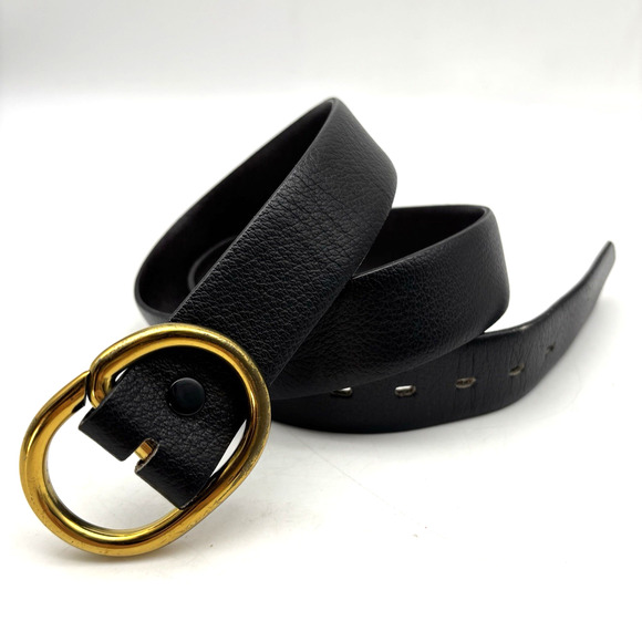 Vintage 70s Black Featherlite Leather Belt with Solid Brass Slide Buckle 31-34" - Picture 1 of 15